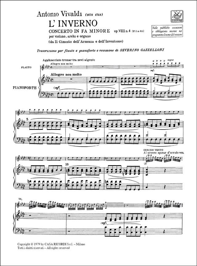 Concerto per Flauto, Archi e BC - In Fa Min' L'Inverno' Op.Viii N. 4 Rv 297, F.I-25  - příčná flétna aklavír